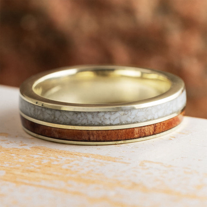 White Gold Wedding Band with White Opal and Redwood Inlays