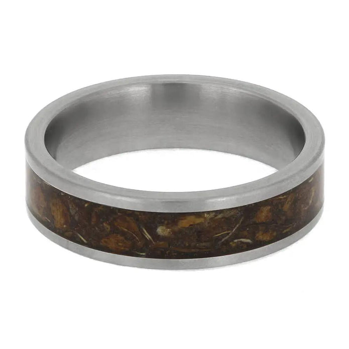 Silver ring with a brown inlay on a white background