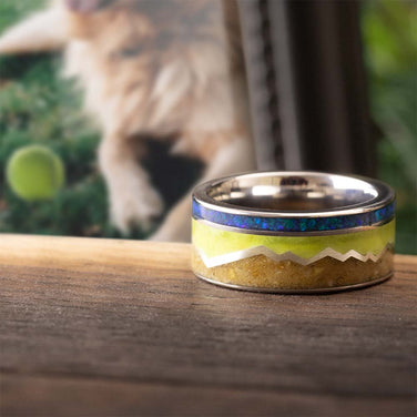 Pet Memorial Ring with Tennis Ball and Mountain Profile