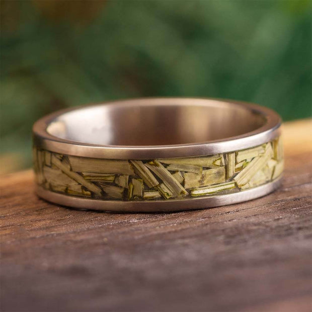 Titanium Ring with Green Pine Needle Inlay