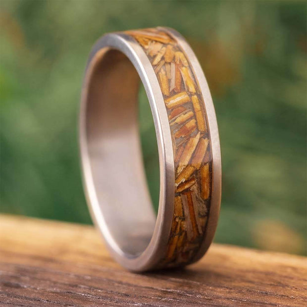 Brown Pine Needle Wedding Band in Titanium