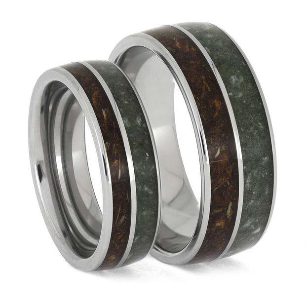 Matching Titanium Rings with Jade and Pine Cone Inlays