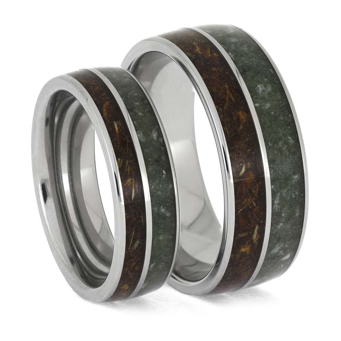 Matching Titanium Rings with Jade and Pine Cone Inlays