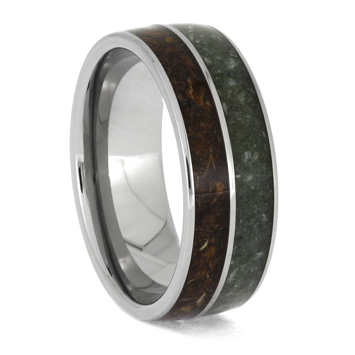 Ring with silver band and wooden inlay on a white background