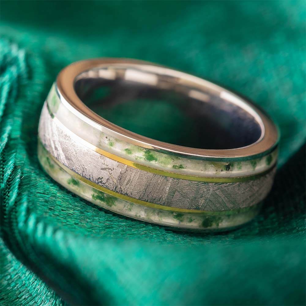 Moss Agate and Meteorite Wedding Band