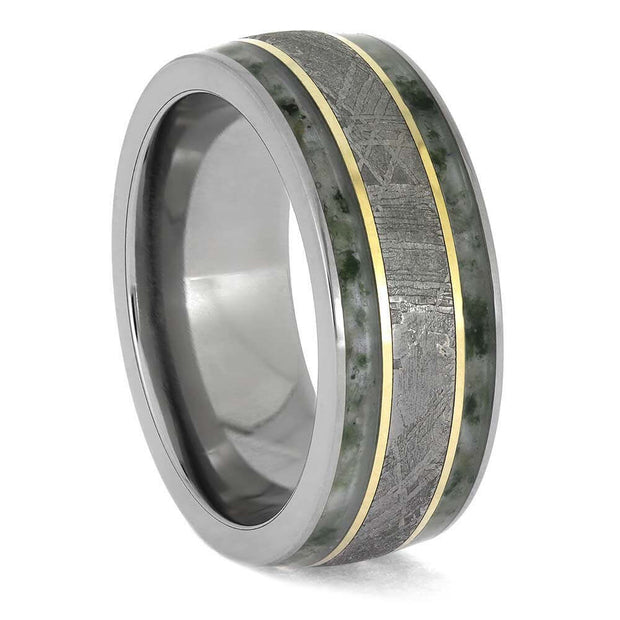 Meteorite Ring with Moss Agate Inlay and Yellow Gold
