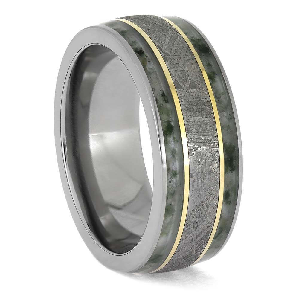 Meteorite Ring with Moss Agate Inlay and Yellow Gold
