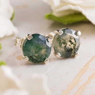 Green Moss Agate Stud Earrings in Silver