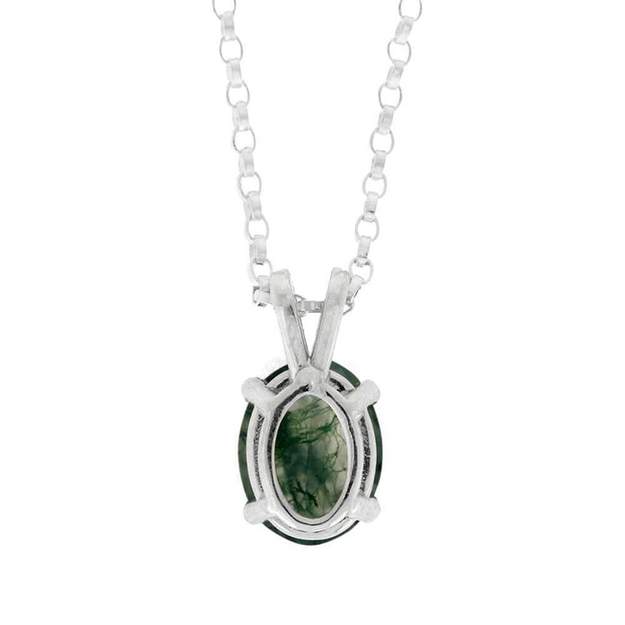 Silver necklace with a green stone pendant on a white background