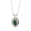 Silver necklace with a green stone pendant on a white background