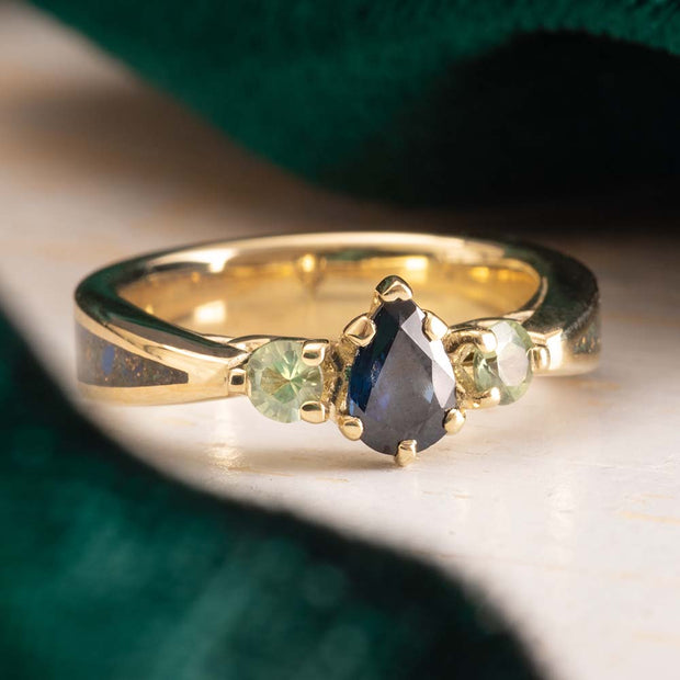Three Stone Engagement Ring with Sapphires, Yellow Gold