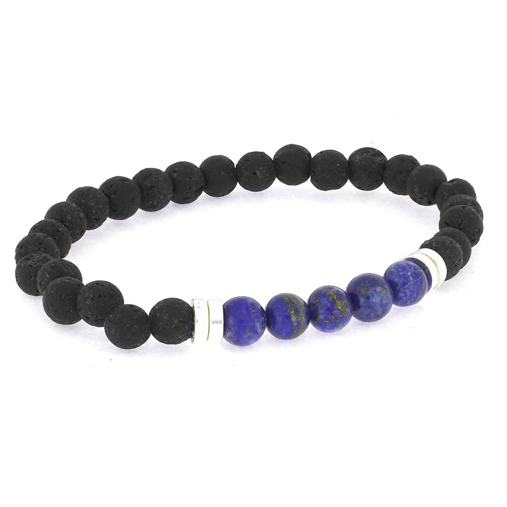 Black beaded bracelet with blue beads on a white background