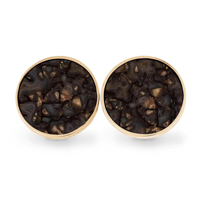 Round earrings with gold rim and dark textured center on a white background