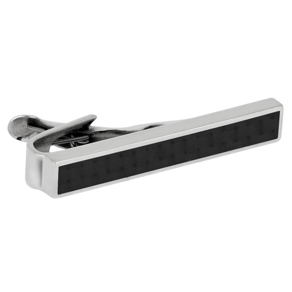 Silver tie clip with black textured bar on a white background