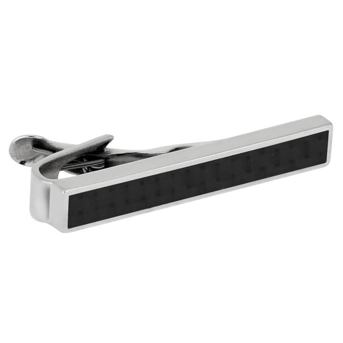 Silver tie clip with black textured bar on a white background