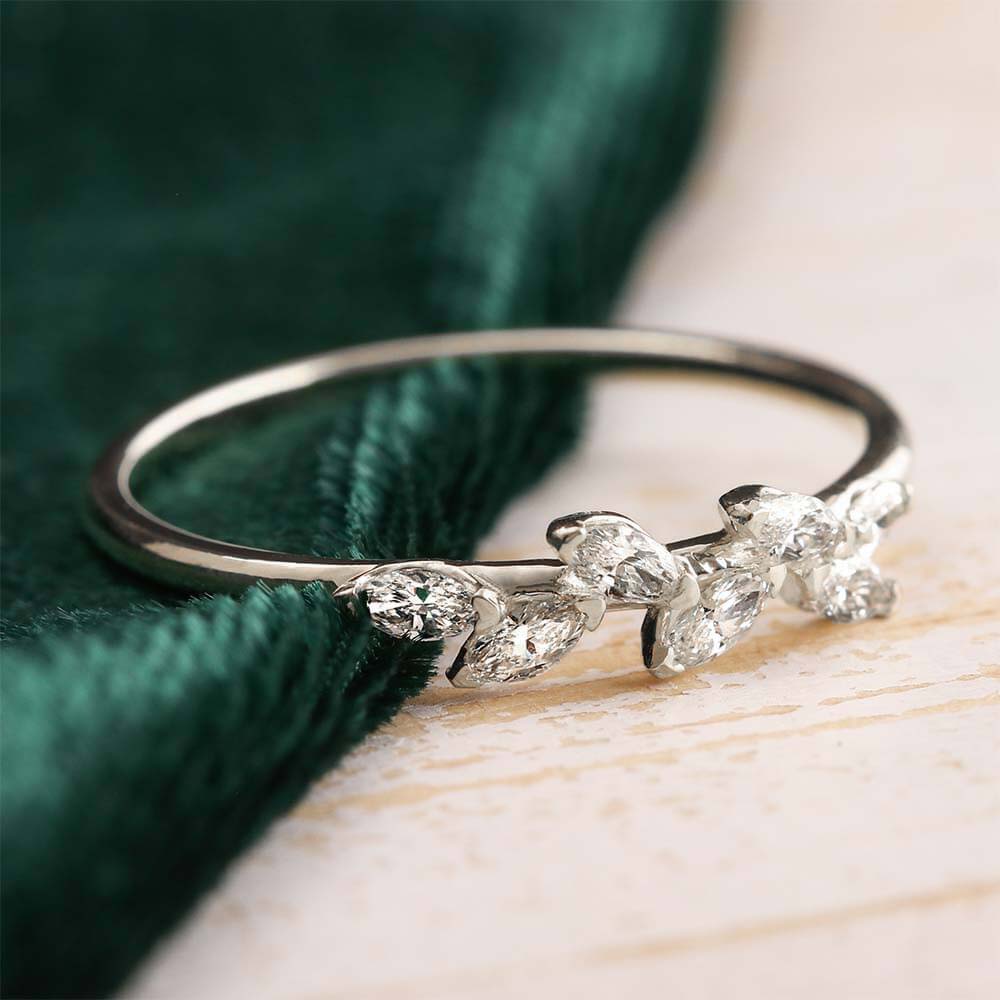 Simple Sterling Silver Ring with Marquise-cut Diamonds in Leaf Pattern