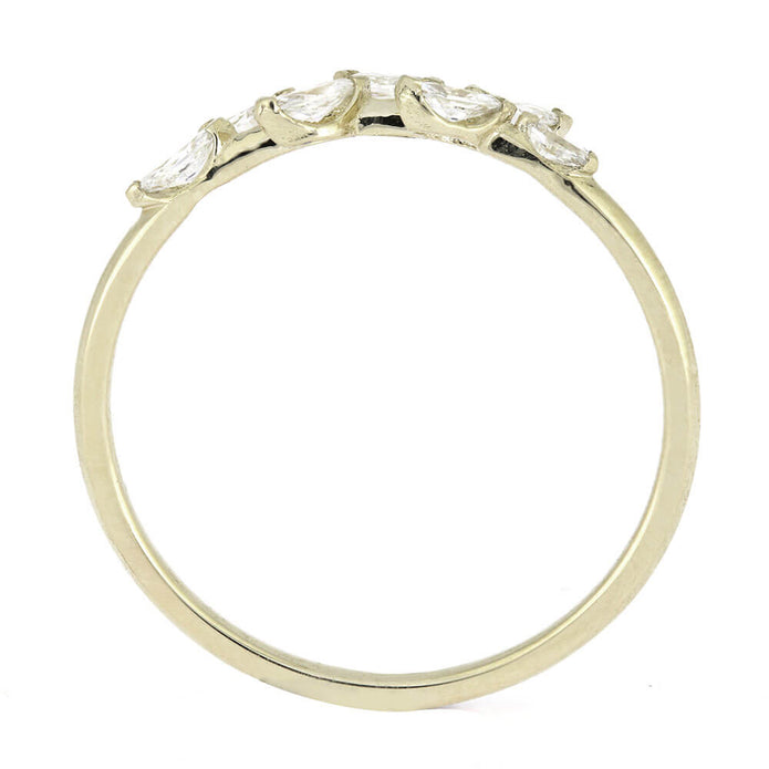 Gold ring with heart-shaped diamonds on a white background