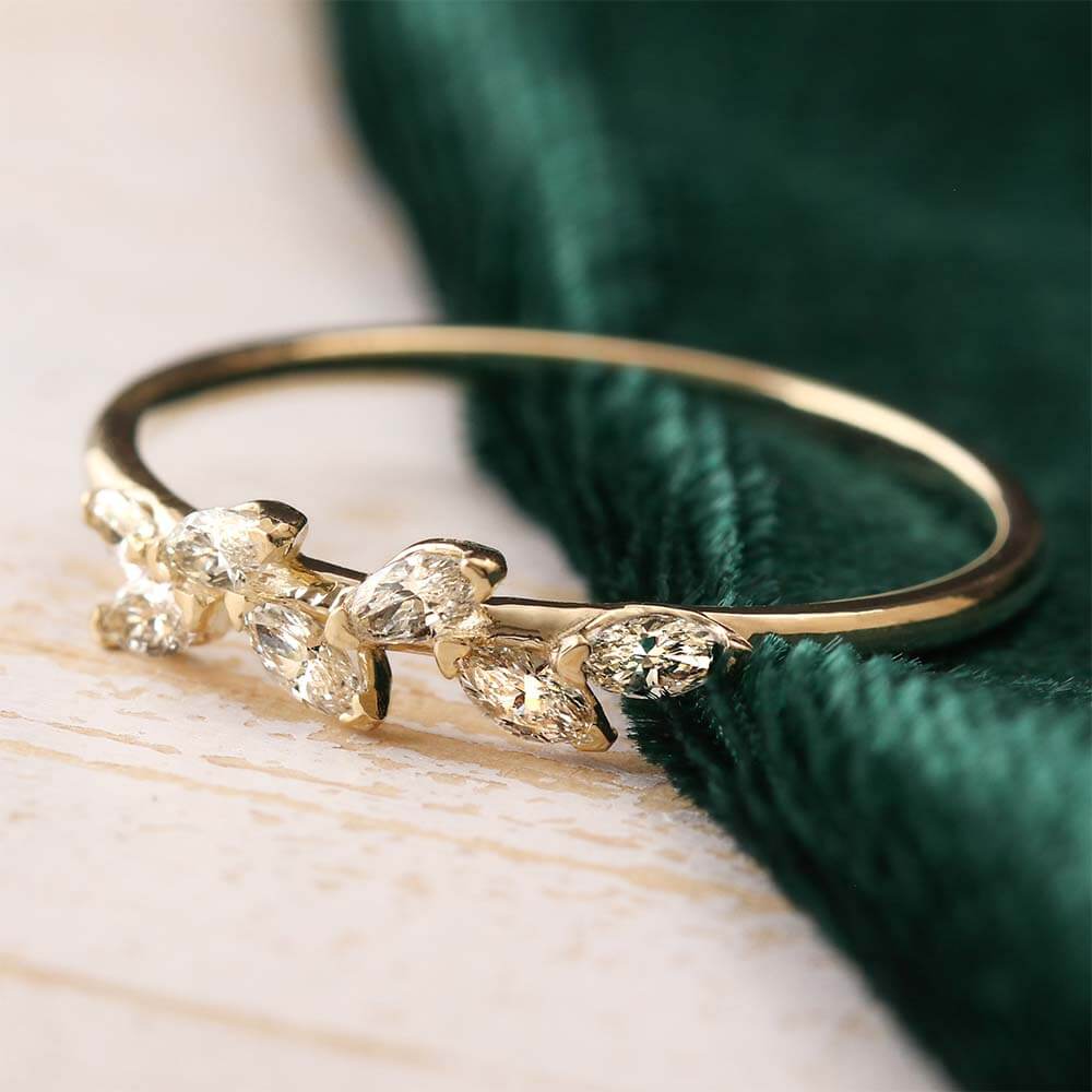 Floral Wedding Ring with Leaf Petal Diamonds in Yellow Gold