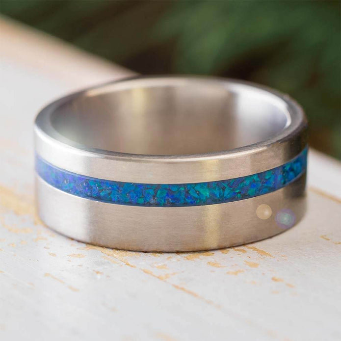 Blue Synthetic Opal Wedding Band in Matte Titanium