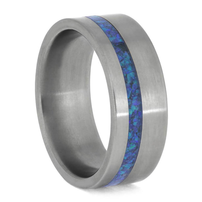Blue Synthetic Opal Wedding Band in Matte Titanium