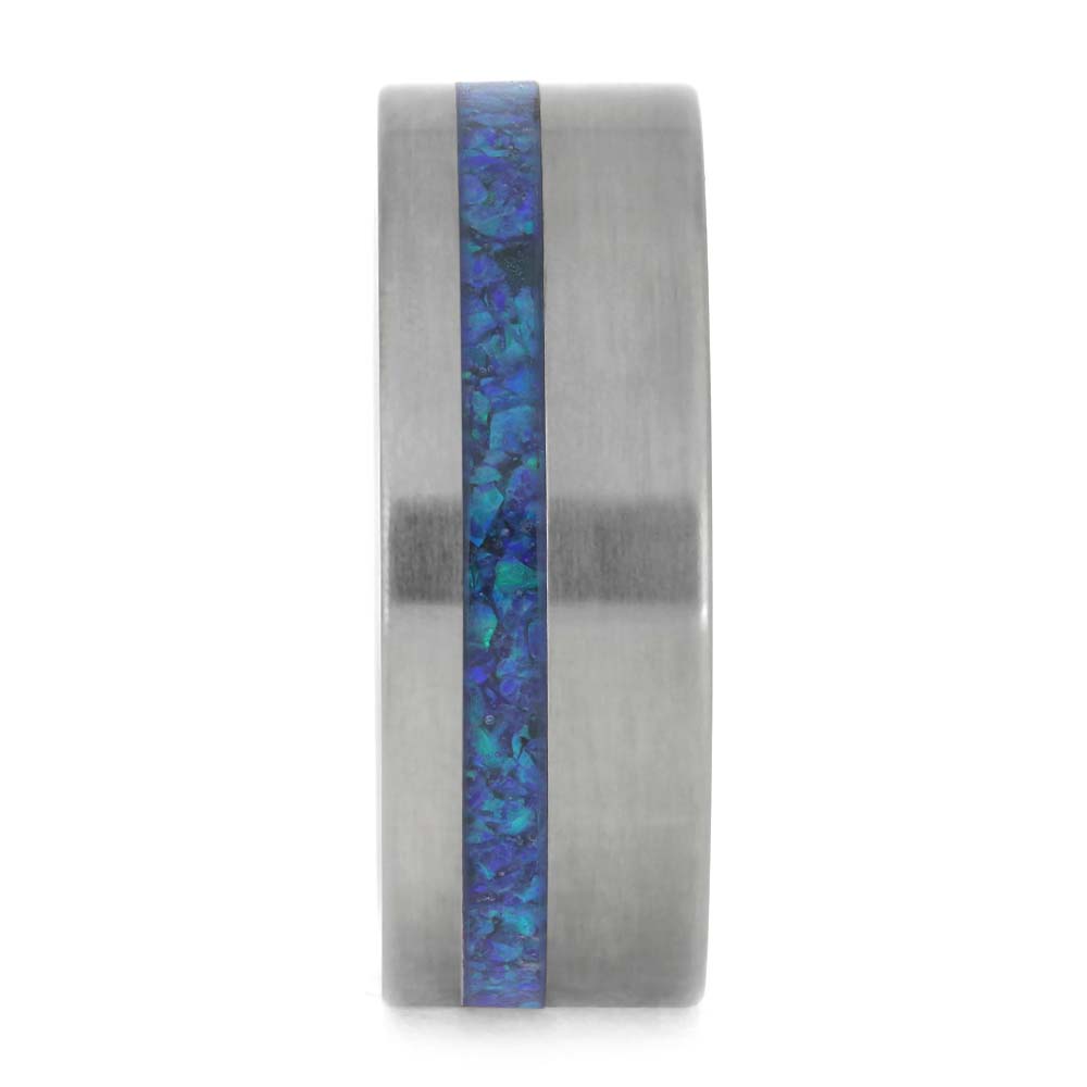 Blue Synthetic Opal Wedding Band in Matte Titanium