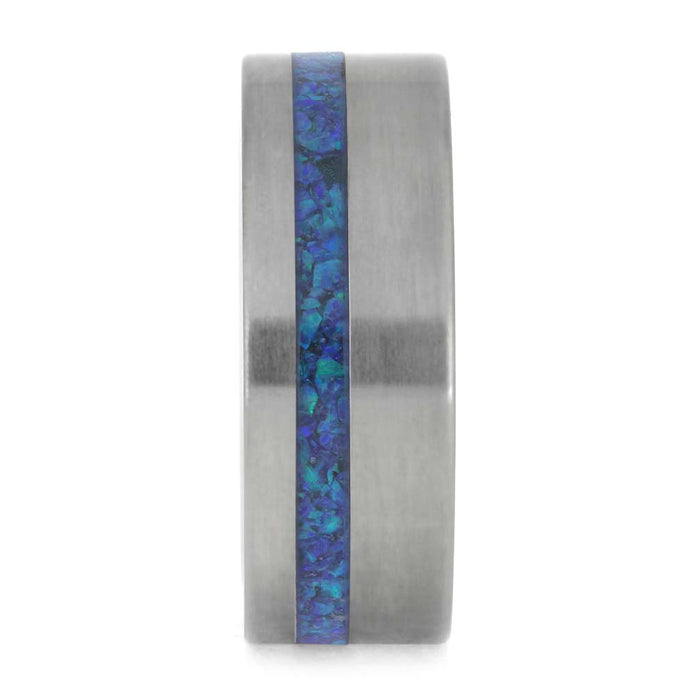 Blue Synthetic Opal Wedding Band in Matte Titanium