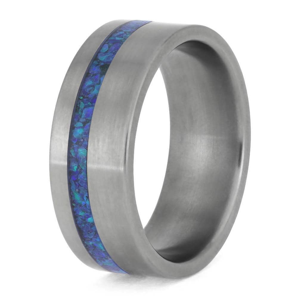 Blue Synthetic Opal Wedding Band in Matte Titanium