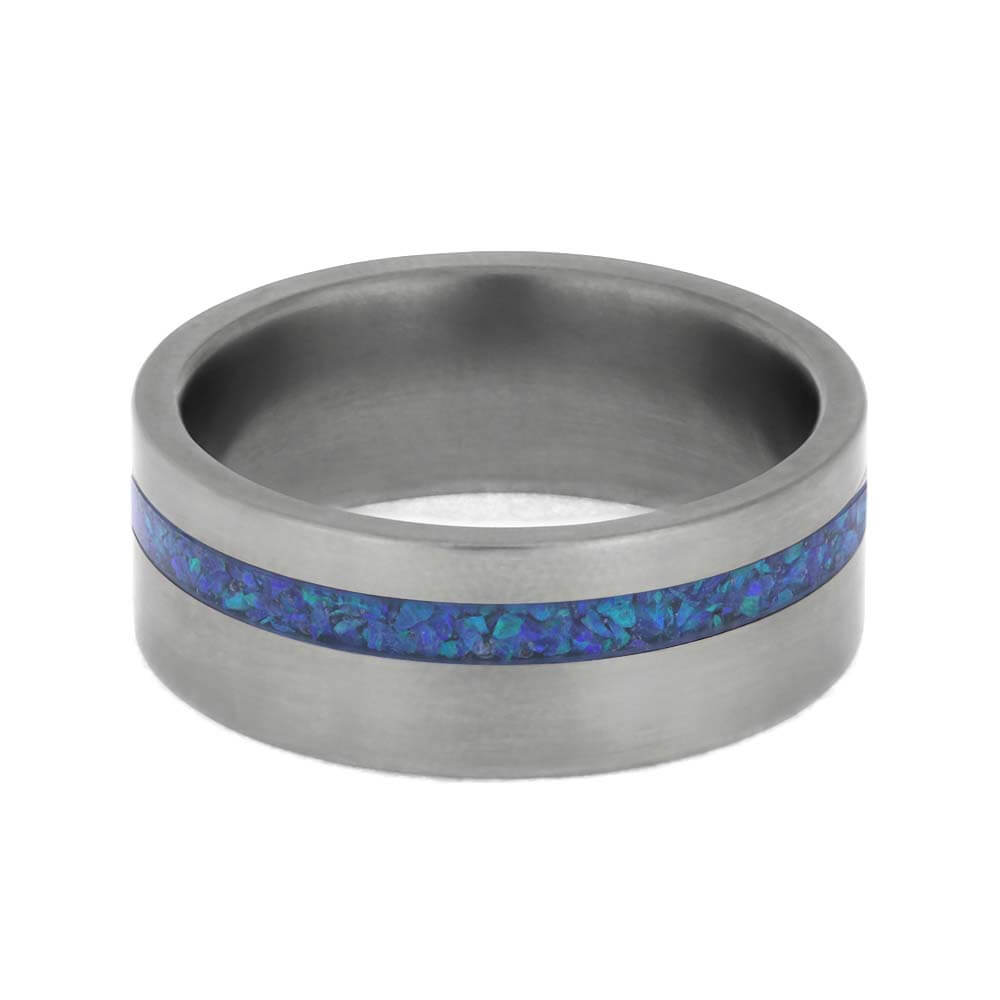 Blue Synthetic Opal Wedding Band in Matte Titanium