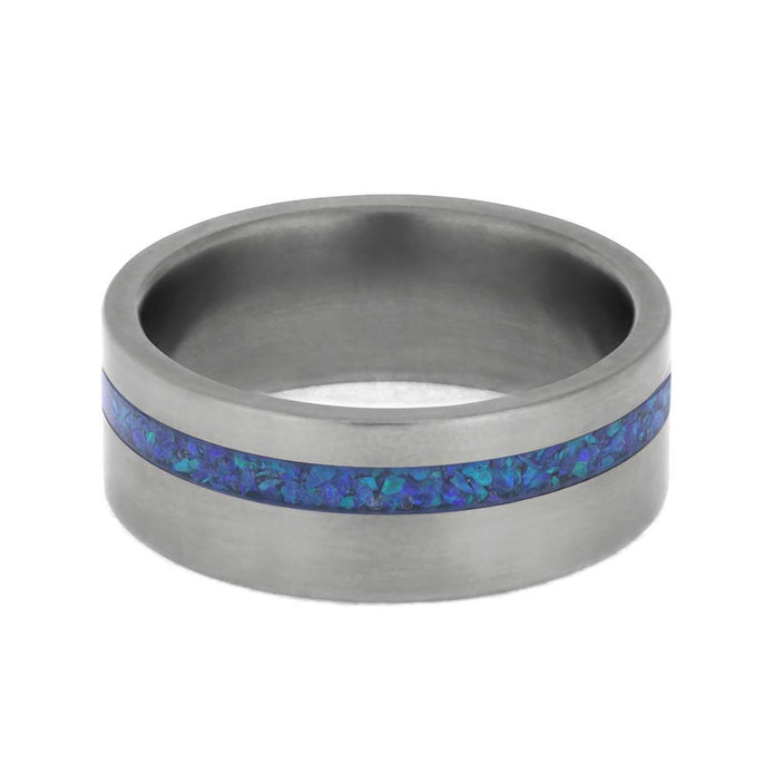 Blue Synthetic Opal Wedding Band in Matte Titanium