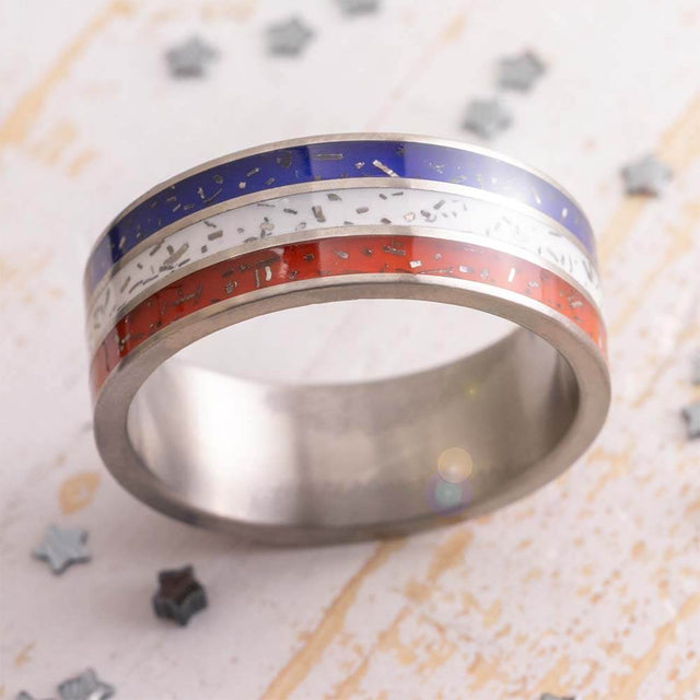 Red, White, and Blue Stardust Ring | Star Spangled Wedding Band
