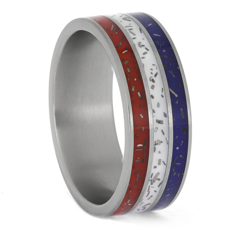 Red, White, and Blue Wedding Band with Meteorite Stardust