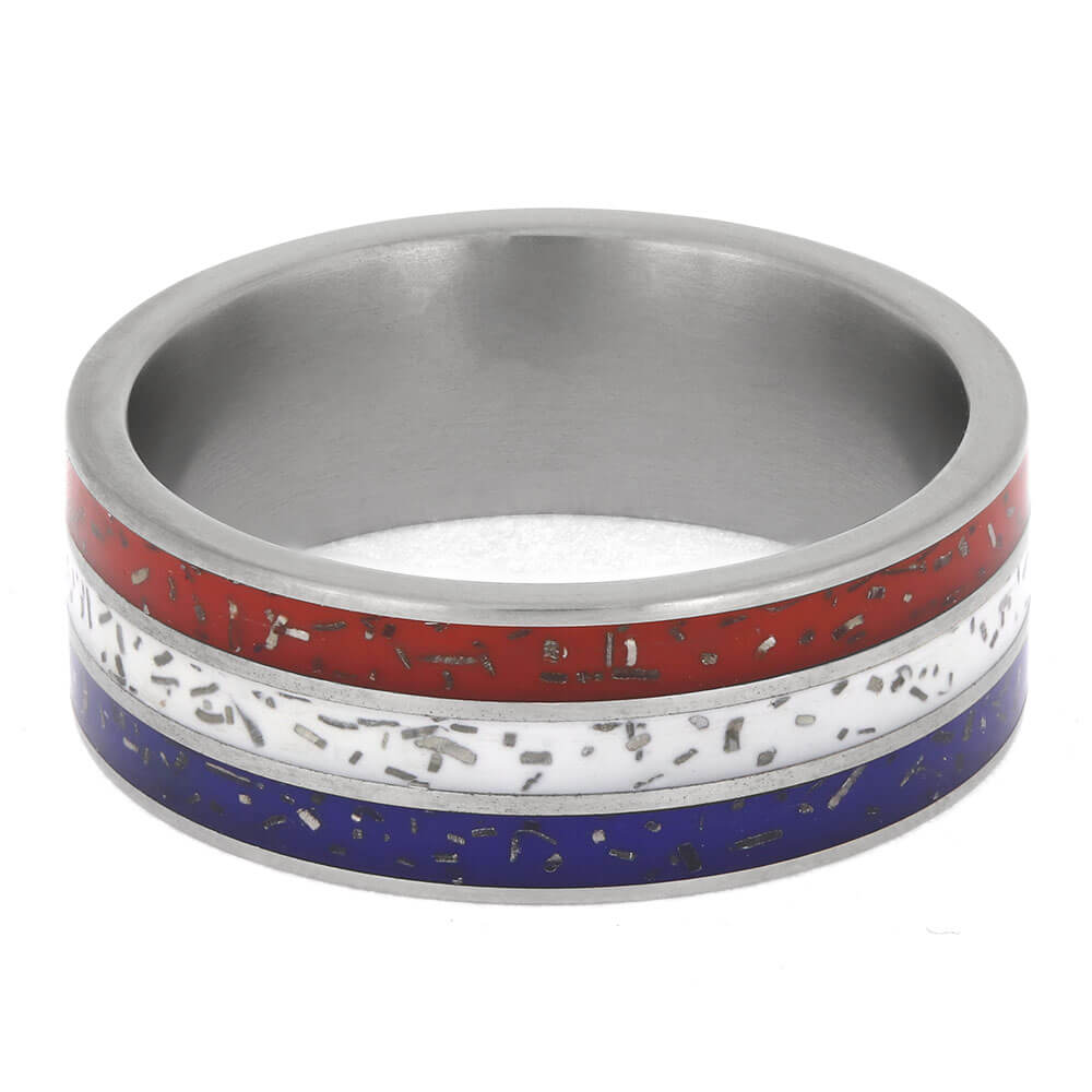 Unique Meteorite Wedding Band in Red, White, and Blue