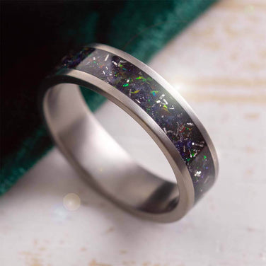 Galaxy Ring with Meteorite, Crushed Synthetic Opal, and Goldstone