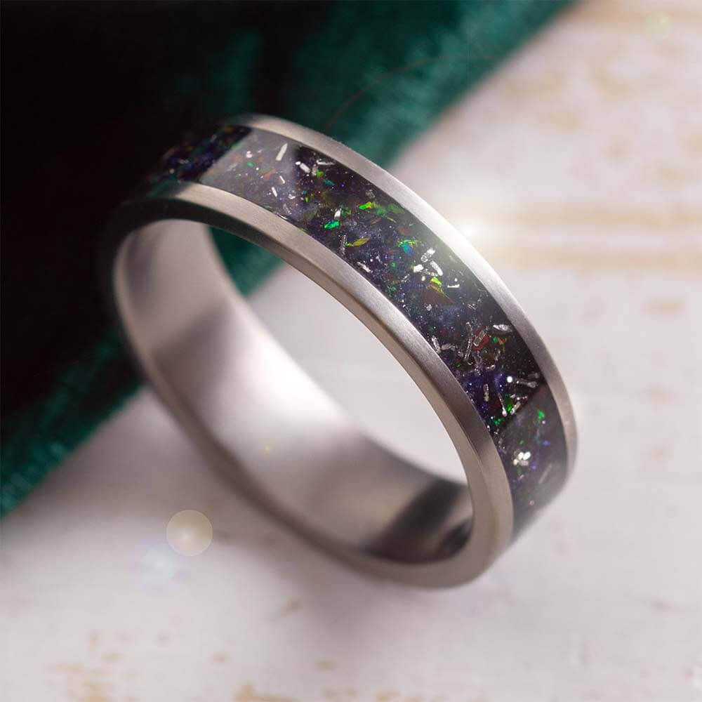 Galaxy Ring with Meteorite, Crushed Synthetic Opal, and Goldstone