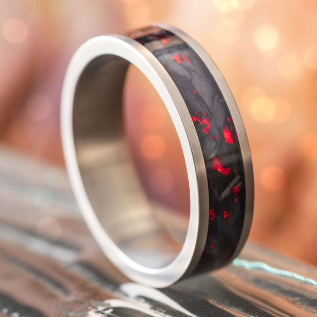 Forged Carbon Fiber Ring with Red Foil Flakes