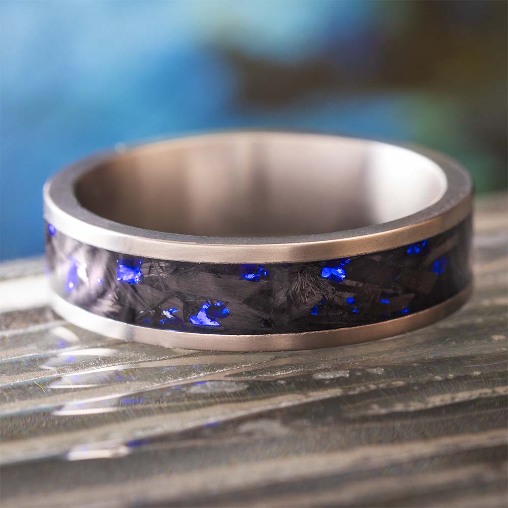 Handmade Carbon Fiber Ring with Blue Foil