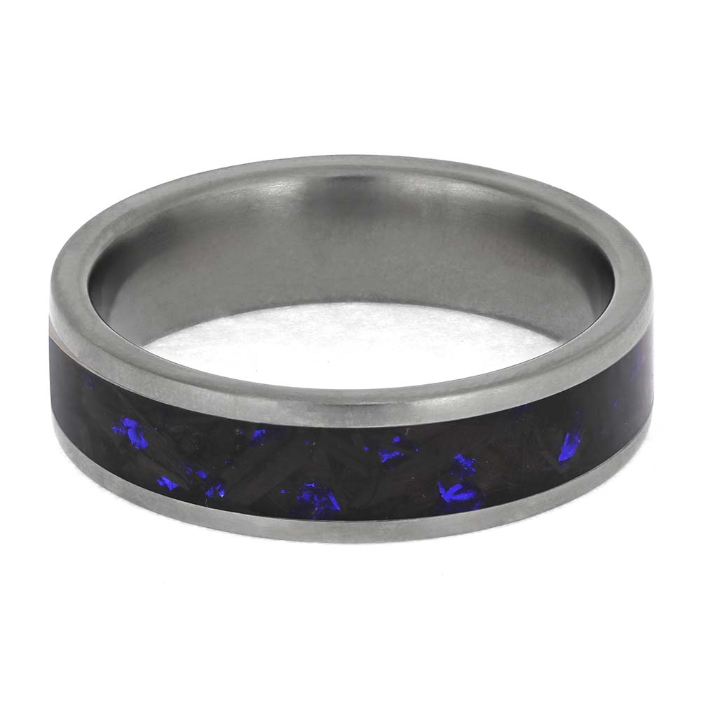 Blue and Black Carbon Fiber Wedding Band in Titanium