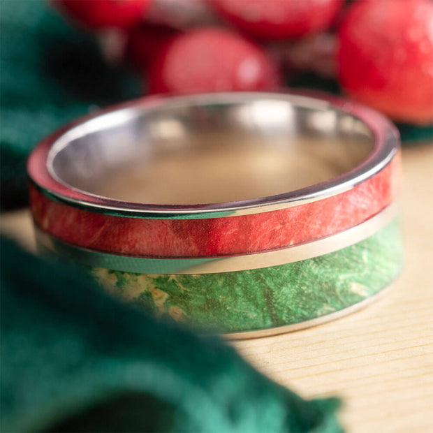 Red and Green Wood Wedding Band for Men