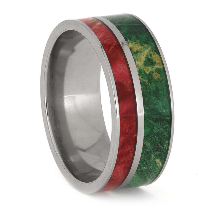 Titanium Ring for Men with Red and Green Box Elder Wood Inlays