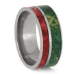 Titanium Ring for Men with Red and Green Box Elder Wood Inlays