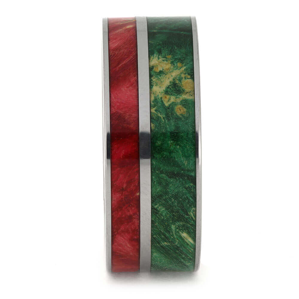 Green Box Elder Burl Wedding Band with Red Wood and Titanium
