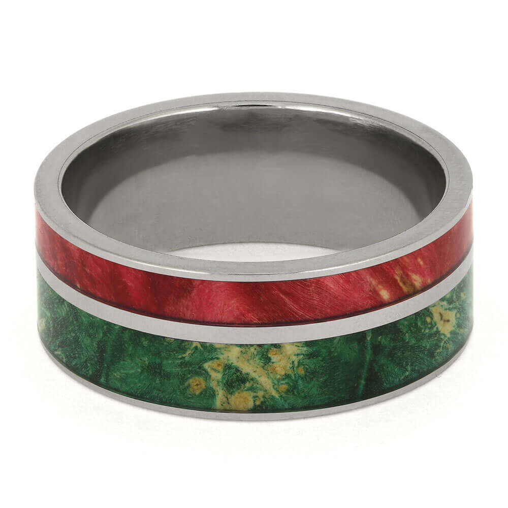 Handmade Titanium Ring with Red and Green Wood Inlays