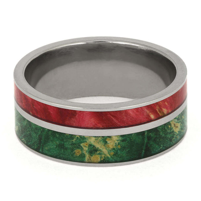 Handmade Titanium Ring with Red and Green Wood Inlays