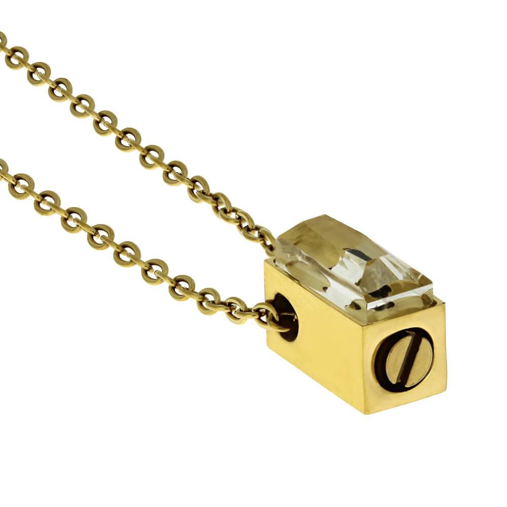 Side view of yellow gold cremains urn necklace with screw