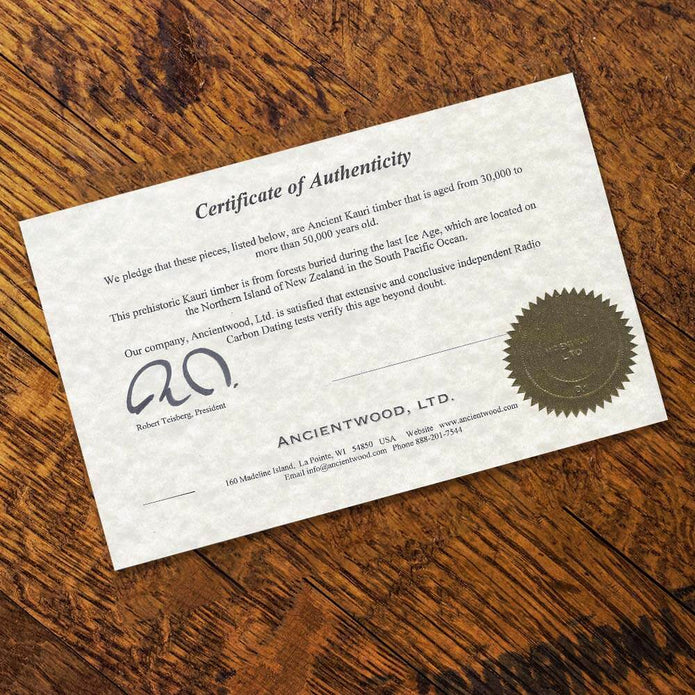 Ancient Kauri Wood Certificate of Authenticity Example