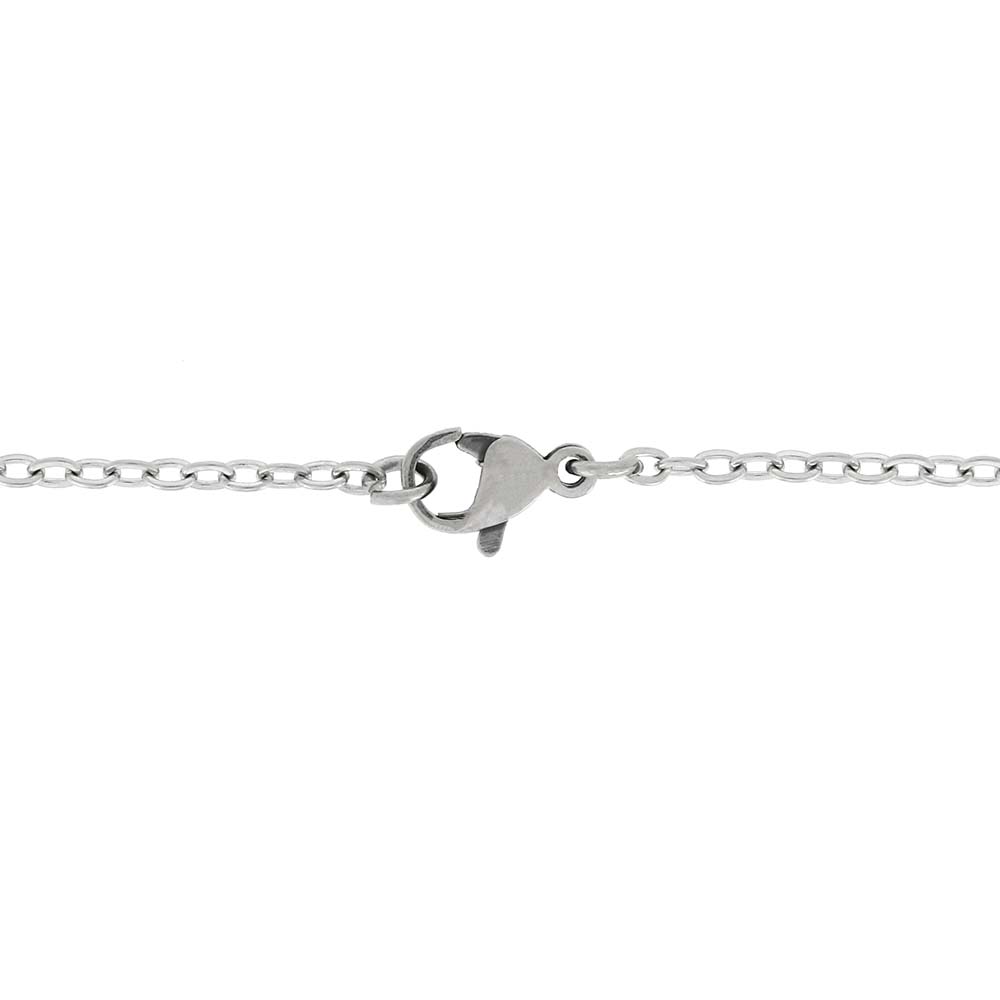 Close-up of a silver clasp on a chain against a white background