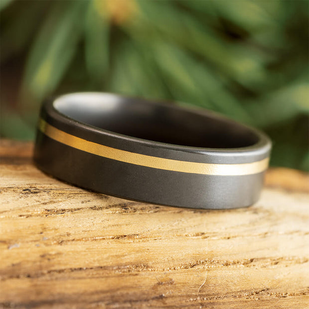 Black Zirconium Metal Ring for Men with Gold Pinstripe