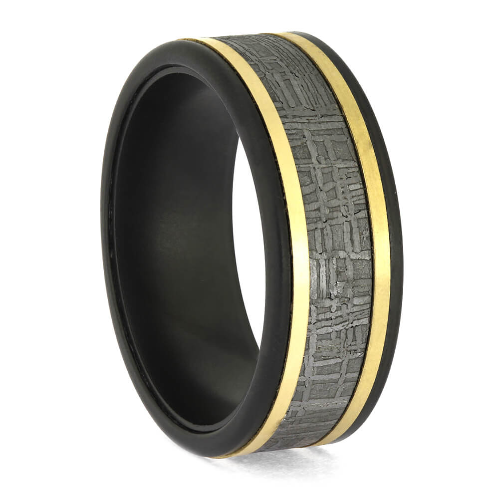 Black Zirconium Wedding Band for Men with Meteorite