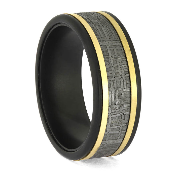 Black Zirconium Wedding Band for Men with Meteorite