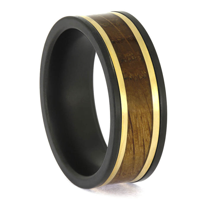 Men's Whiskey Barrel Ring with Gold Pinstripes, Black Zirconium
